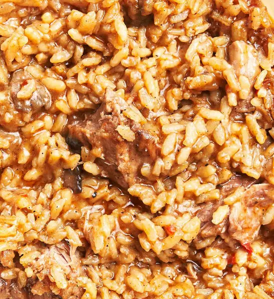Close View Traditional Louisiana Dish Rice Spices Meat Hearty Meal — Stock Photo, Image