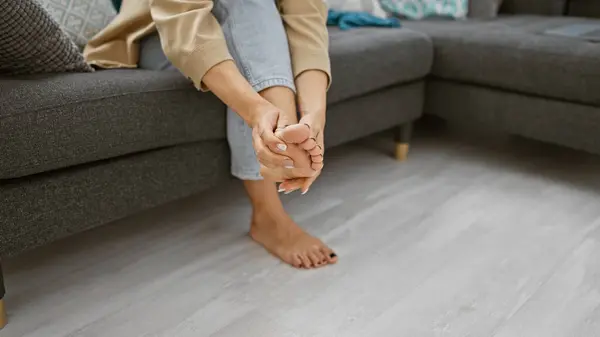 Young Woman Hands Massaging Her Tired Feet Relaxed Sofa Home — Stock Photo, Image