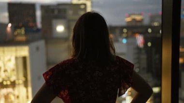 Gözlüklü güzel İspanyol iş kadını Japonya 'nın şehir siluetinin gökdelen penceresinden büyüleyici şehir manzarası