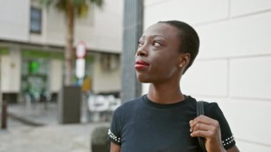 Havalı, çekici Afrikalı Amerikalı kadın, güneşli, kentsel bir sokakta güçlü duruyor, ciddi bir ifadeyle gökyüzüne bakıyor, sıradan, modaya uygun kıyafetiyle.