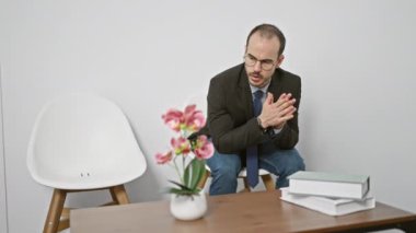 Kapalı bir bekleme odasında oturan kel adam endişeli hissediyor ve şakaklarını beyaz bir sandalye ve pembe çiçeklere sürtüyor..