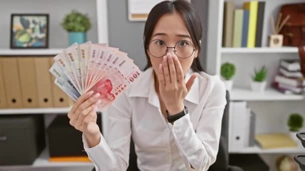 Шокированная Молодая Китаянка Ладонями Закрывает Рот Своей Офисной Ошибке Удивлена — стоковое видео