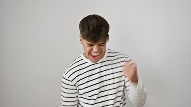 Cheerful Confident Young Hispanic Man Stripes Celebrates Big Win Joyful — Stock Video