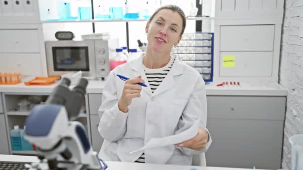 Laboratuvar Önlüklü Beyaz Kadın Bilim Adamı Modern Bir Laboratuvar Ortamında — Stok video