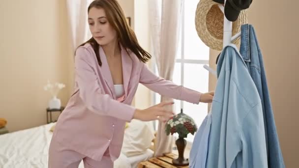 Pembe Pijamalı Genç Bir Kadın Güneşli Rahat Bir Odada Yatağında — Stok video