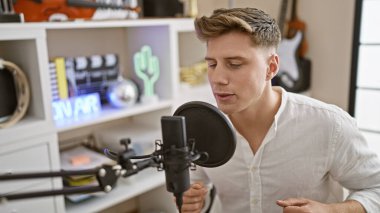 Gülümseyen beyaz bir adam bir müzik stüdyosunun samimi atmosferinde neşeli bir şarkı söylüyor..