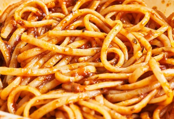 Close Spaghetti Pasta Coated Marinara Sauce Evoking Italian Culinary Experience — Stock Photo, Image