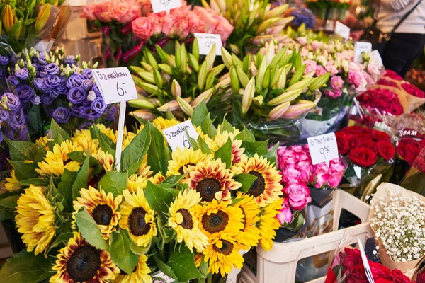 Colorful Flower Market Bouquets Sunflowers Roses Lilies Tags Showing Prices — Stock Photo, Image