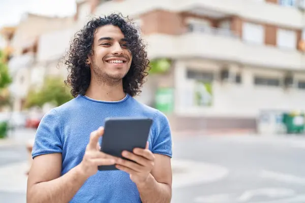 Young Latin Man Smiling Confident Using Touchpad Street — Stock Photo, Image