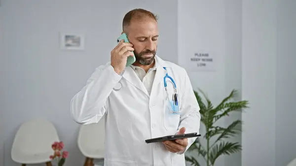Νεαρός Γιατρός Χρησιμοποιώντας Touchpad Μιλώντας Στο Smartphone Στην Αίθουσα Αναμονής — Φωτογραφία Αρχείου
