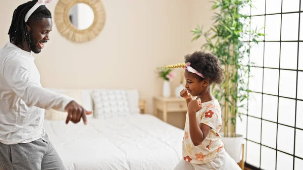 African American Father Daughter Wearing Funny Diadem Dancing Bedroom — Stock Photo, Image