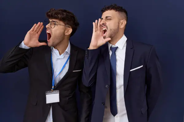Two Hispanic Business Men Wearing Business Clothes Shouting Screaming Loud — Stock Photo, Image