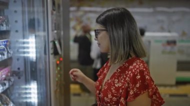 Neşeli ve güzel gözlüklü İspanyol kadın kalabalık bir metro istasyonunda yiyecek bir şeyler alıyor.
