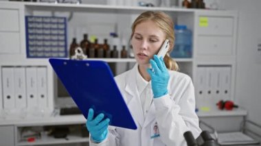 Laboratuvarda telefon ve not panosuyla birden fazla iş yapan odaklanmış bir kadın bilim adamı..