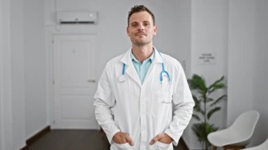 Kollarını kavuşturmuş genç, kendine güvenen İspanyol bir erkek doktor, temiz, beyaz bir klinikte duruyor ve profesyonel bir sağlık hizmeti sunuyor..