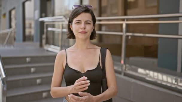 Sunny City Street Portrait Mladý Krásný Hispánský Žena Chladný Uvolněný — Stock video