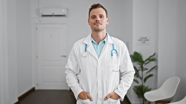 腕を交差した自信を持った若いヒスパニック系男性医師が清潔で白い診療室に立って プロの医療現場を描いています — ストック動画