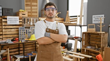 Young man with beard and apron standing arms crossed in a carpentry workshop. clipart