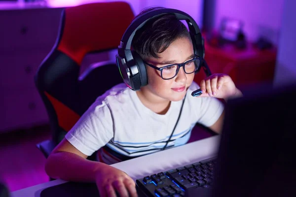 Adorable Hispanic Boy Streamer Playing Video Game Using Computer Gaming — Foto Stock