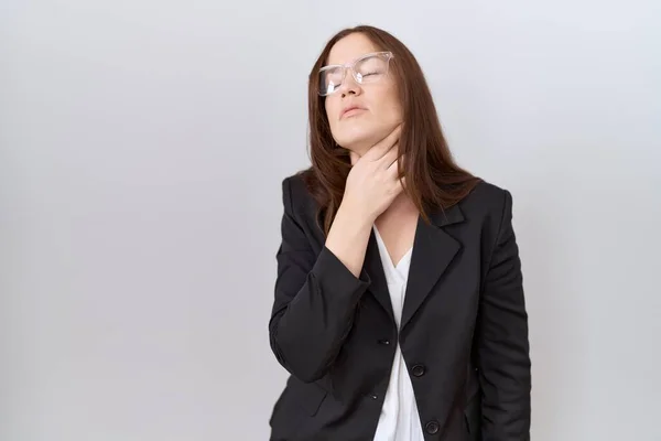 Beautiful Brunette Woman Wearing Business Jacket Glasses Touching Painful Neck — Stock Photo, Image