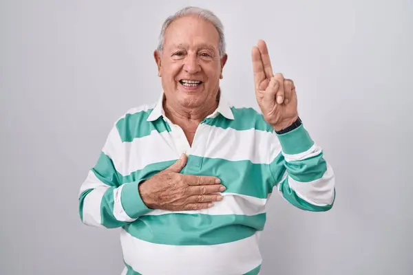 Senior Man Grey Hair Standing White Background Smiling Swearing Hand — Stock Photo, Image