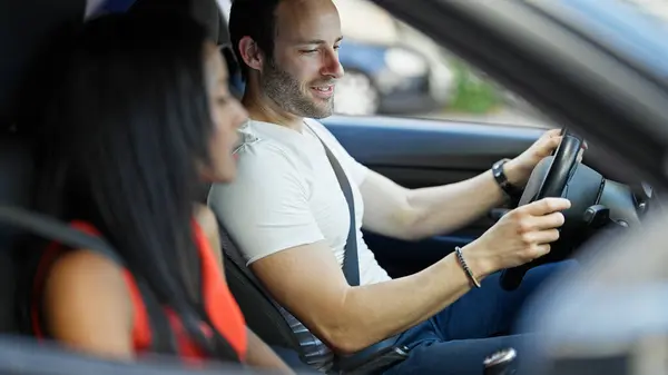 Beautiful Couple Smiling Confident Driving Car Street — Stock Photo, Image