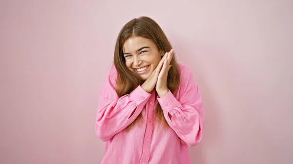 Radiant Young Hispanic Woman Enjoying Moment Success Confidently Clapping Isolated — Stock Photo, Image