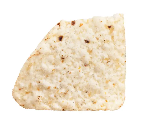 Nahaufnahme Eines Einzelnen Tortilla Chips Isoliert Auf Weißem Hintergrund Ideal — Stockfoto