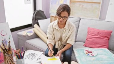 Stresli ve kederli, genç, güzel İspanyol sanatçı stüdyo kanepesinde migren ağrısı çekiyor.