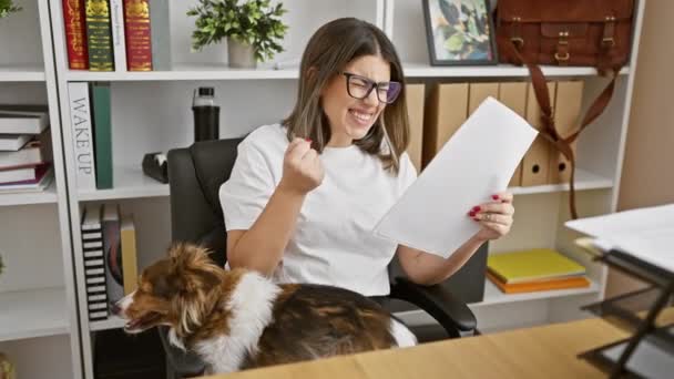 Cheerful Young Woman Glasses Celebrates Success Her Dog Modern Office — Stock Video
