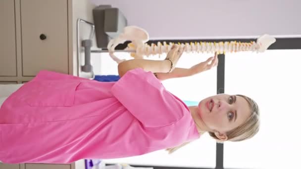 ピンクの医療スクラブの金髪の女性が明るく照らされたクリニックで脊髄モデルを調べる — ストック動画