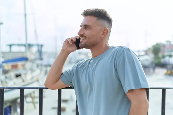 Young Hispanic Man Smiling Confident Talking Smartphone Seaside — Stock Photo, Image