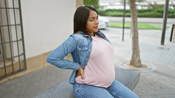 Tired Young Pregnant Woman Aching Backache Sitting City Street Bench — Stock Photo, Image