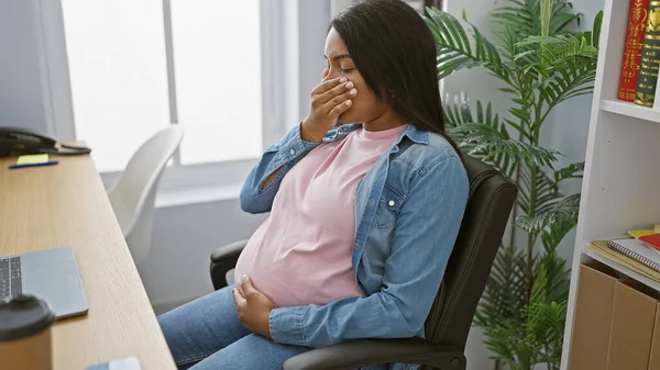 Serious Young Pregnant Businesswoman Touching Belly Suffering Nausea Indoors Office — Stock Photo, Image