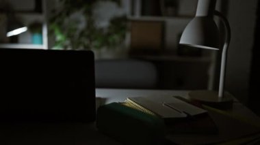 Genç beyaz erkek gece geç saatlere kadar bilgisayar ve masa lambasıyla çalışıyor..
