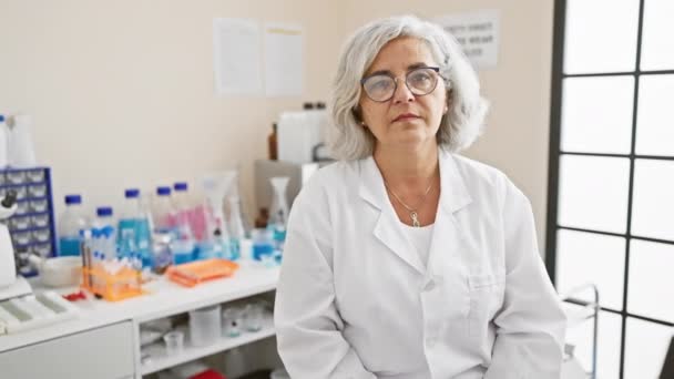 Mature Woman Scientist Stands Confidently Laboratory Arms Crossed Amidst Scientific — Stock Video