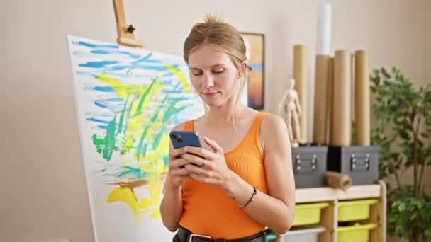 Akıllı Telefon Kullanan Sarışın Bir Sanatçı Stüdyosunda Soyut Bir Tablo — Stok video