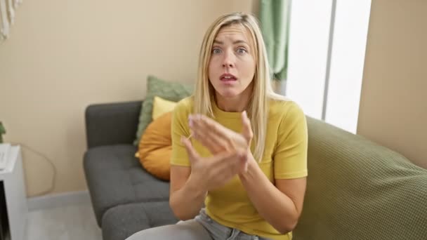 Shocked Young Blonde Woman Shirt Covering Mouth Hands Home — Stock Video