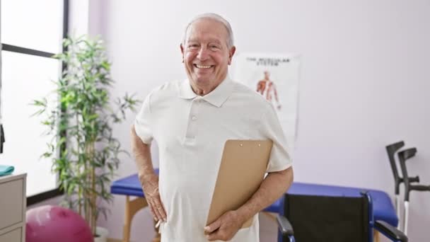 Leende Senior Man Tryggt Hålla Urklipp Som Sjukgymnast Rehab Klinik — Stockvideo