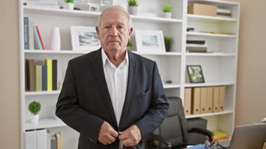 Ciddi yüzlü, kıdemli bir işadamı bir ofis içinde güvenle duruyor ve deneyimli bir işçi olarak başarılı bir şekilde çalışıyor. Zarif bir ceket giyiyor, işine odaklanmış ve rahat..