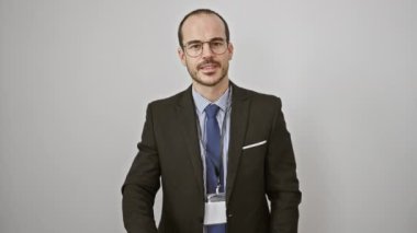 Sakallı, kendine güvenen kel bir adamın portresi, gülümseyen ve 'tamam' işareti yapan, takım elbise giyen ve beyaz bir arka plana isim etiketi takan.