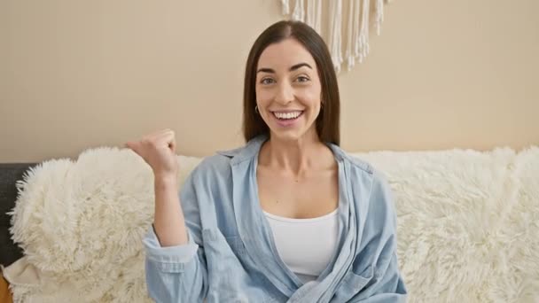 Joyful Young Hispanic Woman Wearing Casual Clothes Giving Enthusiastic Thumbs — Stock Video
