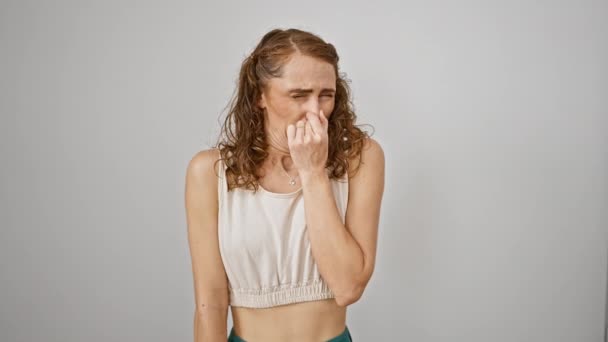 Jeune Femme Dégoûtée Retenant Son Souffle Debout Sur Fond Blanc — Video