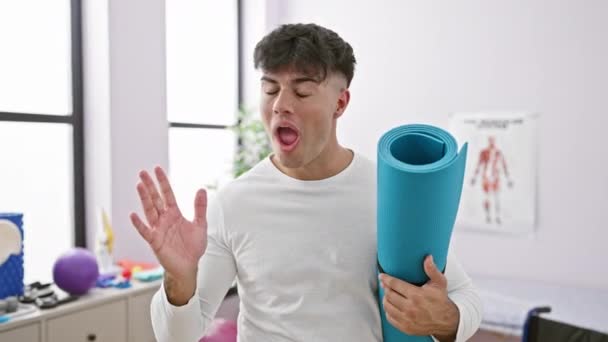 Shocked Scared Young Hispanic Man Stands Aghast Yoga Mat Hand — Stock Video