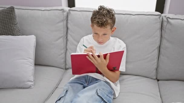 Αξιολάτρευτο Ξανθό Αγόρι Κάθεται Στον Καναπέ Βαθιά Βυθισμένο Στη Λογοτεχνία — Αρχείο Βίντεο