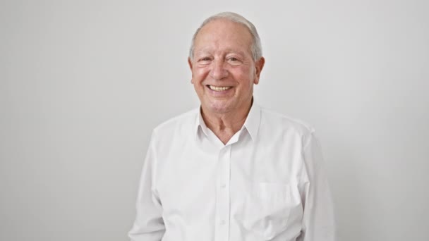 Elder Man Radiating Joy Standing Shirt Smiling Bright Gesturing Sign — Stock Video