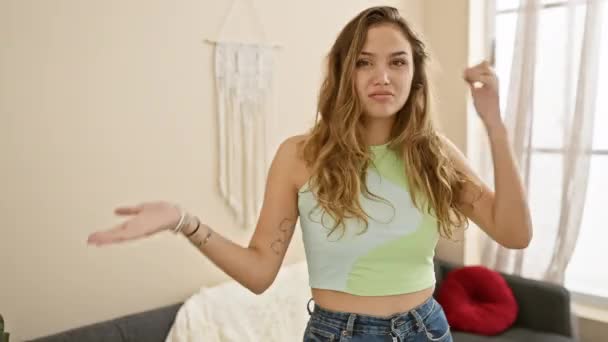 Young Beautiful Hispanic Woman Wearing Casual Clothes Confused Annoyed Open — Stock Video