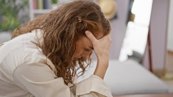 Jovem Estressada Sentada Sozinha Sofá Casa Encarnando Tristeza Frustração Meio — Vídeo de Stock