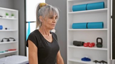 Fizik tedavi kliniğinde dambıllarla egzersiz yapan olgun bir kadın.