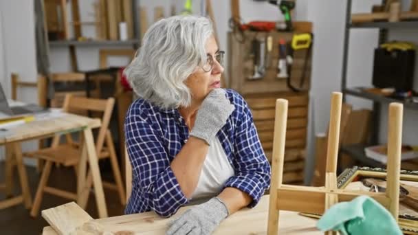Thoughtful Elderly Woman Glasses Carpentry Workshop Looking Wooden Furniture — Stock Video